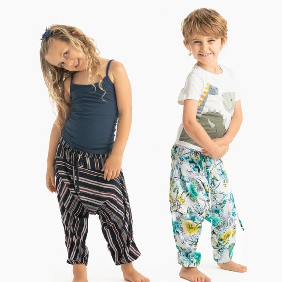 Kids Flower Harem Pant Cotton Unisex Travel Yoga Loungewear Rose Blue - Picture 6 of 6